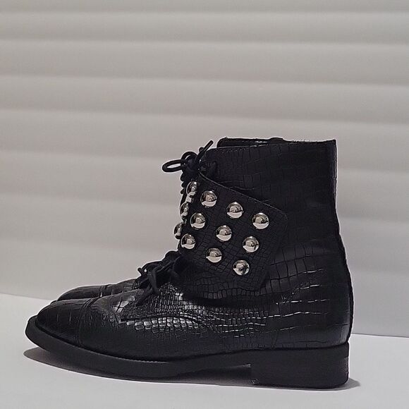 Schutz Croc Embossed Studded Lace Up Boots - Picture 2 of 16